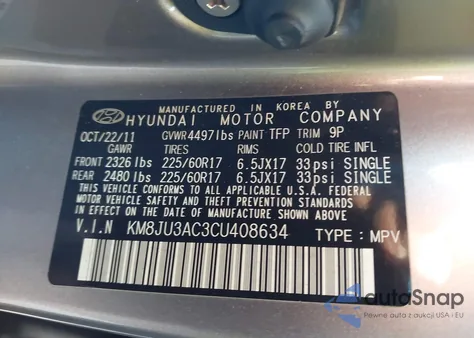 2012 Hyundai Tucson Gls z USA, uszkodzony, nr VIN KM8JU3AC3CU408634